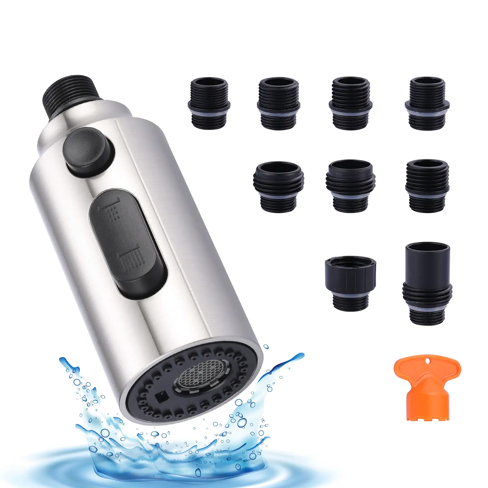 WOWOW Good Quality Adjustable 3-Mode Pull-Down Kitchen Faucet Spray Head Nozzle Replacement, ABS Plastic Attachment with Faucet Aerator, 9-Adapters Kit, 1GPM & 2.5GPM Flow for Rinsing/Filling, Brushed Nickel