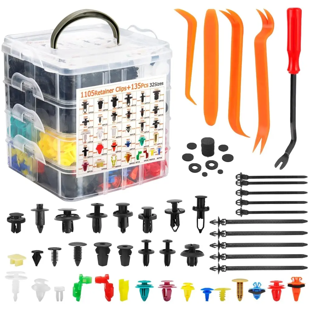 1240Pcs Universal Car Retainer Clips & Fasteners Kit - 32 Sizes Nylon Bumper Push Pins, Fender Rivets, Door Panel Body Clips, Plastic Rivets with 10 Cable Ties, Removal Tool for Toyota, Ford DIY Repairs
