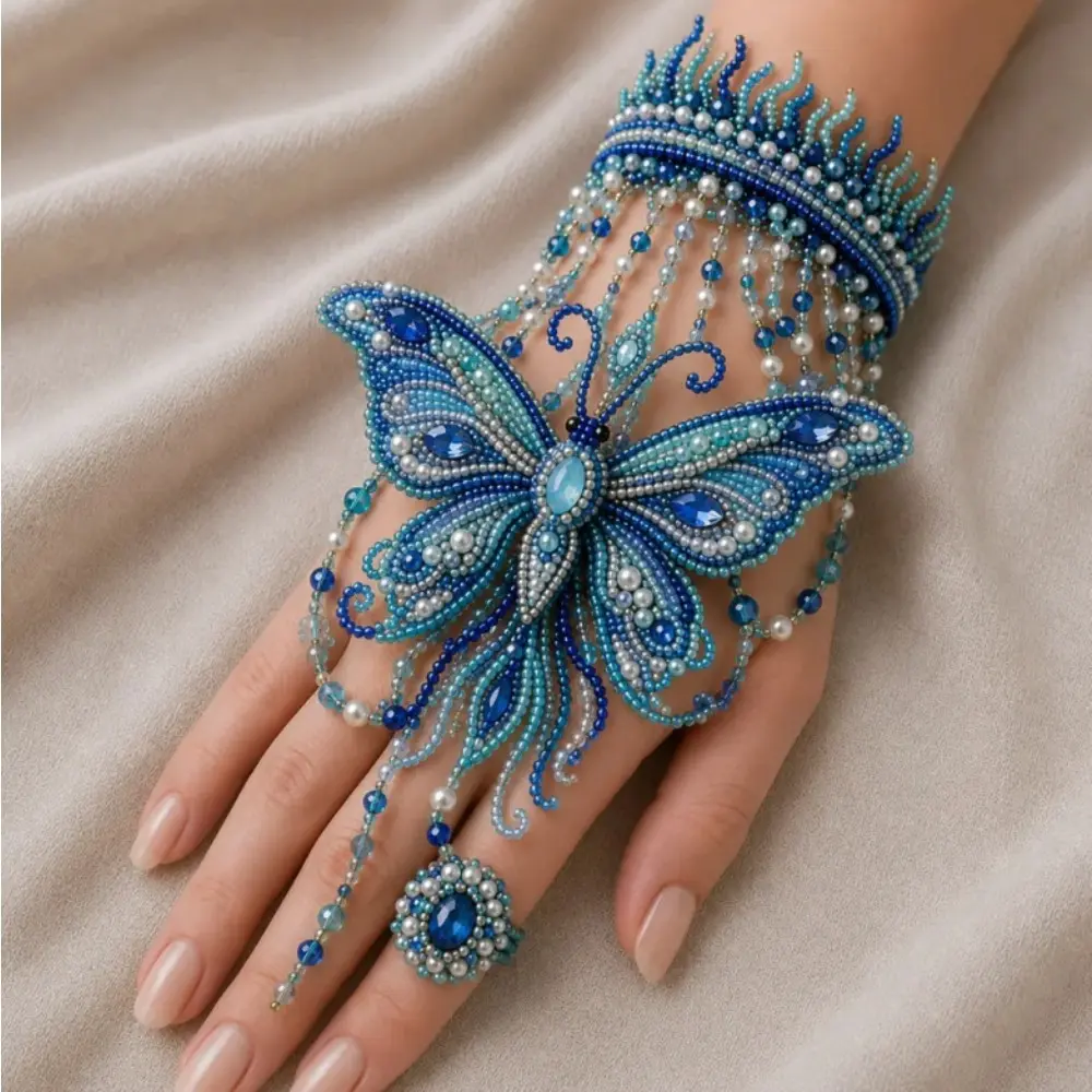 DIY Blue Butterfly Beaded Slave Bracelet Kit, Hand Harness Hand Chain with Finger Ring Making Supplies, Seed Beads Jewelry Craft Set, Boho Hand Wrist Decor, Hand‑Making Hobby Gift for Women & Girls