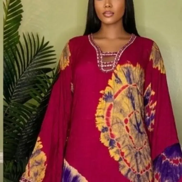 MAKD by Satousha Women's Ayaan Batik Maxi Dress - Elegant Flowing Gown with Long Bell Sleeves for Eid, Casual Wear (Emphasizes Elegance), Long Sleeve