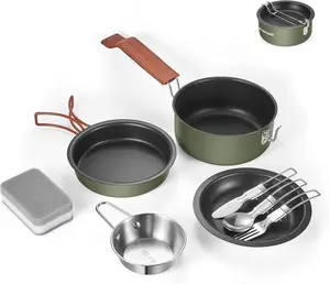 Odoland 10pcs Camping Cookware Non-Stick Camping Pot and Pan Set with Plate Bowl Fork Knife Spoon for Backpacking, Hiking, Outdoor Cooking and Picnic Travel Accessory