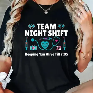 Team Night Shift Funny Nurse Graphic Unisex Casual Black Tee Great Gift