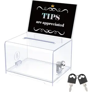 6.2" x 4.7" x 4" Acrylic Donation Box Ballot Box with Slot Plastic Tip Jar Suggestion Boxes with Lock and Sign Holder Storage Container for Fundraising Voting Charity Tip Collection