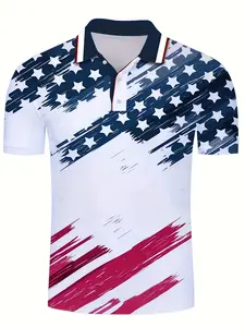 Men's Breathable Golf Shirt Quick-Drying US Independence Day Flag Print Anti-Wrinkle Durable Fabric Short-Sleeved Casual Sportswear Special Gift for Golf Tennis Football Vacation