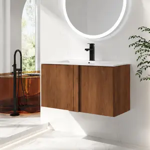 ARCH 36-Inch Wall-Mounted Bathroom Vanity with Sink Combo, Floating Vanity in Brown Ebony, Soft-Close Doors, Modern Large Bathroom Vanity Set, Ceramic Sink, Particle Board Cabinet, Wall-Mount Bathroom Storage Cabinet, Ceramic/Particle Board Material