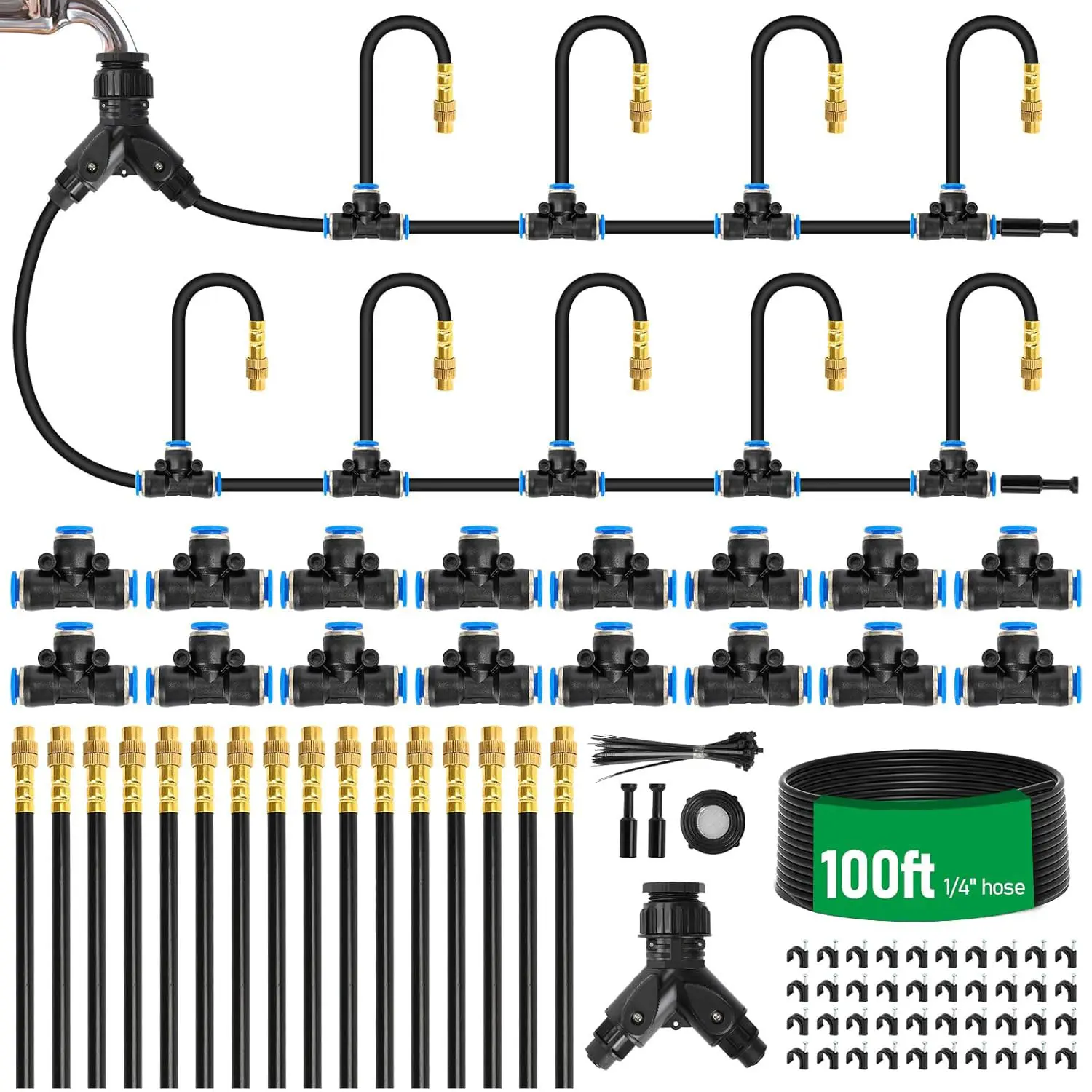 1/4" 100Ft Drip Irrigation System Kit, Outdoor Drip System with 16 pcs 360°Adjustable Brass Nozzles & Flexible Rod for Garden Plants, Raised Beds, Greenhouses, Outdoor Kit