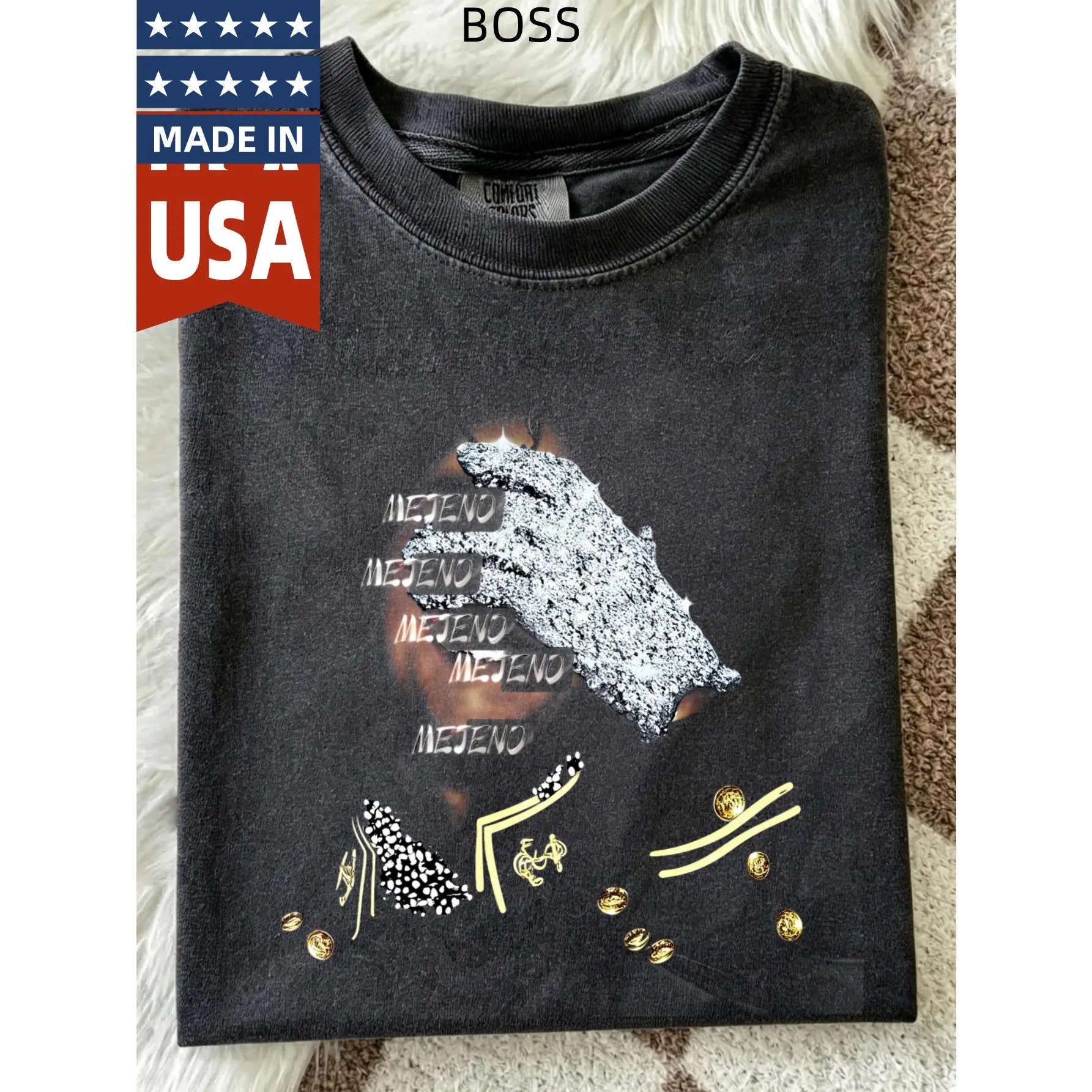 Menswear Oversized Fit T-Shirt - Unisex Crew Neck/Round Neck Short-Sleeve Summer Top with Rhinestone Graphic Prints, DTG Digital Printing, Casual, Street, Rhinestones, Tshirt