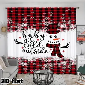 2D Flat 2Pcs Buffalo Plaid Snowman Curtains, Baby It's Cold Outside, Christmas Theme Window Drapes, Red Black Check Pattern, Snowflakes Design, Winter Holiday Decor, Pole Pocket Style, Living Room Bedroom Kitchen Treatment,