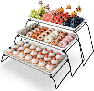 3-Tier Melamine Serving Tray Set and Cupcake Stand for Party Events, 17" Platters with Tiered Stand, Holds 63 Cupcakes, , Dessert, and Fruit  Black