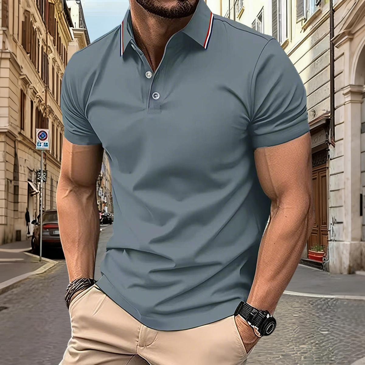 Men’s 4-piece short-sleeve polo shirt set—quick-drying golf/tennis apparel featuring a comfortable color-block design with collar and sleeve accents, suitable for casual sportswear.