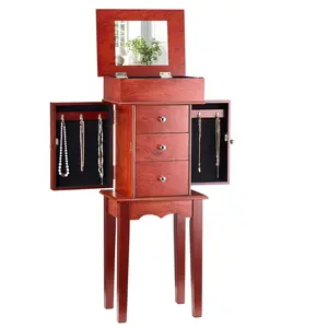 Jewelry Cabinet Armoire Standing Jewelry Storage Chest With 3 Drawers And Mirror, Large Floor Standing Organizer for Necklaces Rings Bracelets and Earrings, Hidden Lock, Lined Compartments, Soft Felt Tray, Rustic Wood Finish