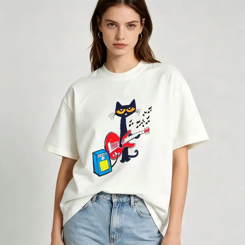 Men's Streetwear Graphic T-Shirt with Cat Guitar Print, Casual Round Neck Shortsleeve Top Featuring a Soft, Breathable Boxy Fit, Drape