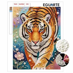 Flower and Tiger Pearl Art Painting, DIY Pearl Mosaic Wall Decor, Cross Stitch Kit, Pearl Puzzle Gift, Home Decoration, Friend Memorial Gift