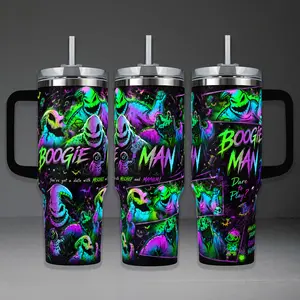 Oogie Boogie "Mischief & Mayhem" Tumbler, Halloween 40oz Cup with Handle & 20oz Travel Mug. Movie Fan Gift, Nightmare Before Christmas Inspired Insulated Tumbler Featuring Neon Comic Style Graphic Design.