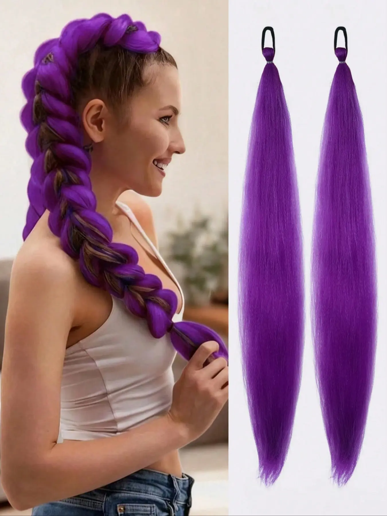 2 Pc Purple 26inch Braided Hair With Elastic Elastic Band Wig Women's Hair Extensions Pink Purple Gradient Braided Ponytail Synthetic Braiding Hair Synthetic Hairpieces Synthetic Ponytails