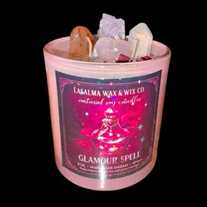 LA SALMA Wax & Wix Co. Rose Petal Glamour Spell Candle Handmade 100% Soy Wax 8 oz Made in L.A. 10/40 Hours with Real Amethysts