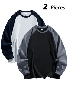 Men's Colorblock Long Sleeve T-Shirt, Casual Fashion Tee for All Seasons, Fitted American Style Round Neck Sporty Base Layer