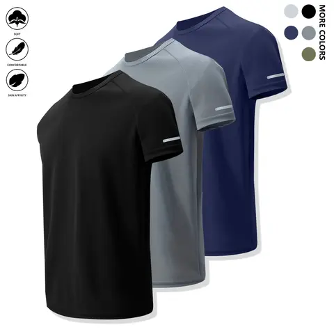 Men's 3-Pack Crewneck Athleisure Short-Sleeve T-Shirts - Basic Loose-Fit, Dry Fit Wicking, Breathable Striped Activewear for Gym Training