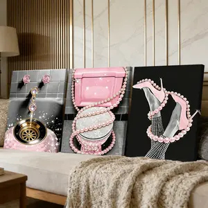 3 Counts Wooden Framed Canvas Painting, Luxury Pink Pearl Fashion Bathroom Images, Exquisite Poster, Perfect Gift, Decor For Living Room, Bedthroom, Modern Art, Fashion Family Poster, Wall Art Decoration, Artistic