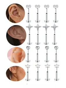 4 Pcs Push-Back Ear Studs Set, Stainless Steel Nose Rings, Heart, Round Head, Star Design, Hypoallergenic, Unisex Body Jewelry, 20g