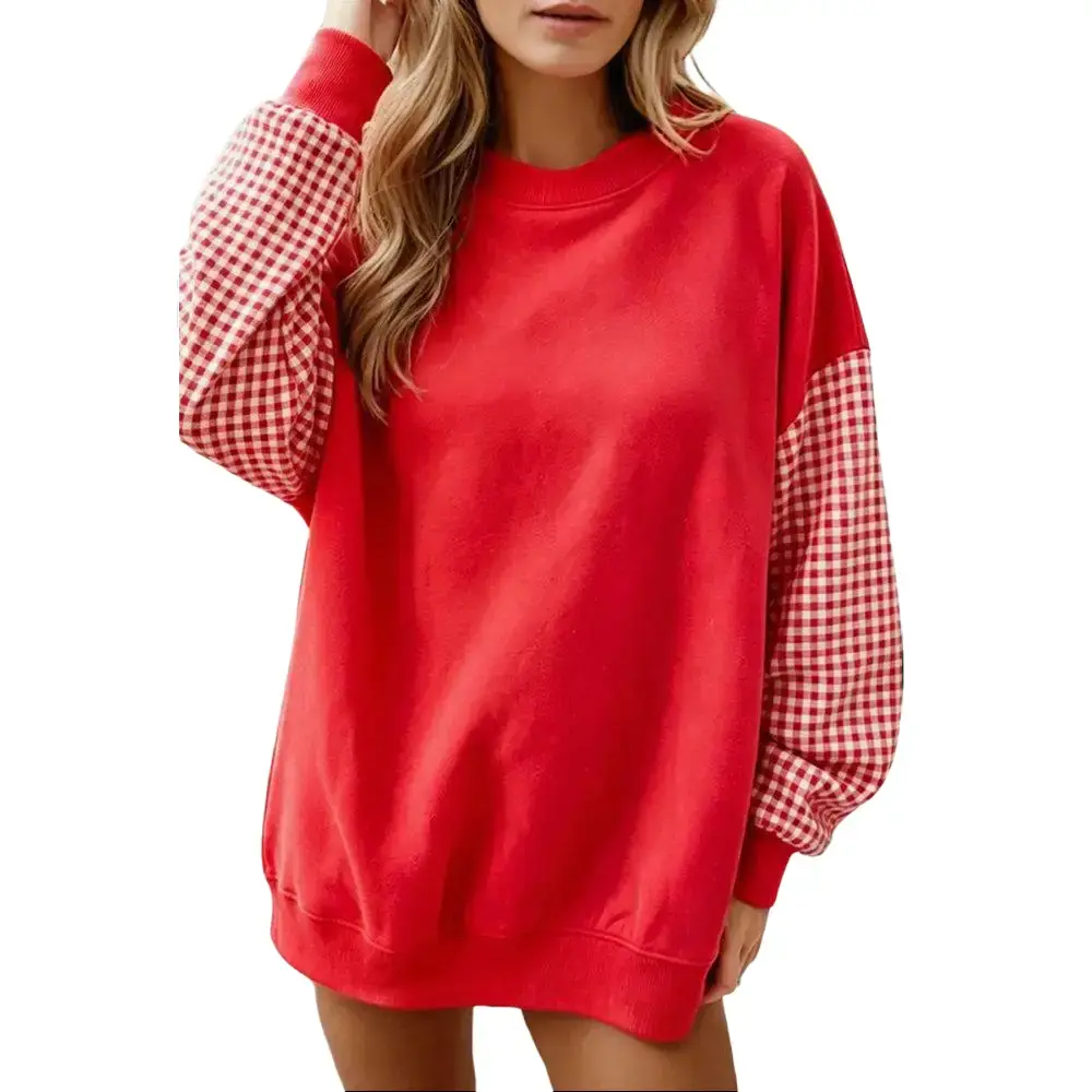 Women Loose Crew Neck Sweatshirt, Color Block Plaid Spliced Long Sleeve Casual Pullover Top