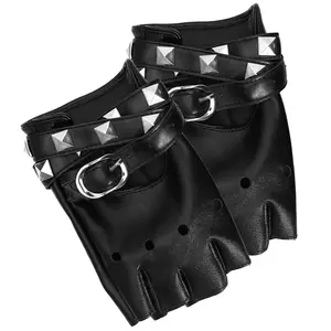 Punk Style Half Finger PU Leather Gloves, Fashionable Studded Decor Gloves with Buckle Closure, Sports & Outdoor Accessories for Women