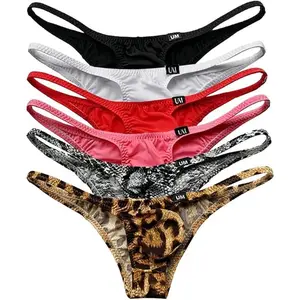 6PCS Men's Fashion Ice Silk Breathable Thong Low Waist Solid Color Printed Underwear