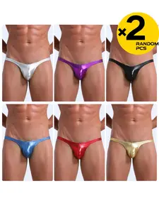 2/3/4 Pcs Random Color Men's Solid Plain Faux Leather Triangle Thong, Shiny Elastic Comfortable Fabric, T-Back Hip Lifting Design, Suitable for Pool Party, Indoor Sports, Fitness & Casual Gathering Wear, Menswear