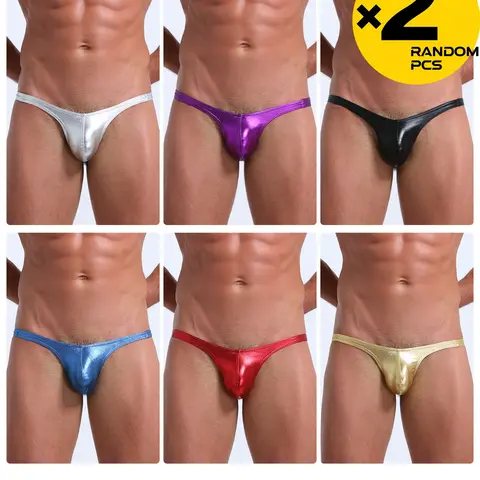 2/3/4 Pcs Random Color Men's Plain Faux Leather Triangle Thong, Elastic Comfortable Fabric, T-Back Hip Lifting Design, Elasticity Design Underwear, Suitable for Pool Party, Indoor Sports, Fitness & Casual Gathering Wear, High Stretch Underwear