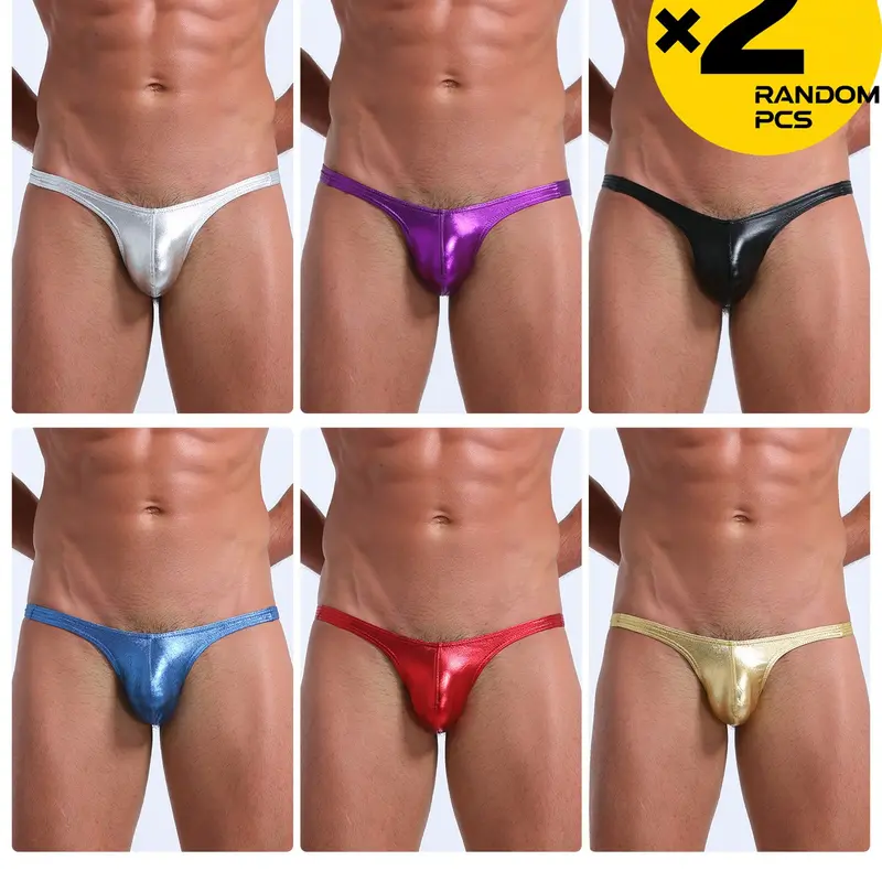 2/3/4 Pcs Random Color Men's Plain Faux Leather Triangle Thong, Elastic Comfortable Fabric, T-Back Hip Lifting Design, Elasticity Design Underwear, Suitable for Pool Party, Indoor Sports, Fitness & Casual Gathering Wear, High Stretch Underwear