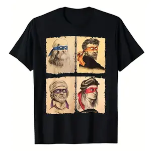 Men's Casual Crew Neck Short Sleeve Tee - Humorous Italian Artist & Ninja Turtles Print, Regular Fit, for Art Lovers & TMNT Fans