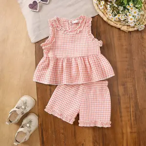 Toddler Baby Girl Summer Outfits Plaid Ruffle Sleeveless Shirt Tank Dress Top and Shorts Summer Clothes Set 2 Piece
