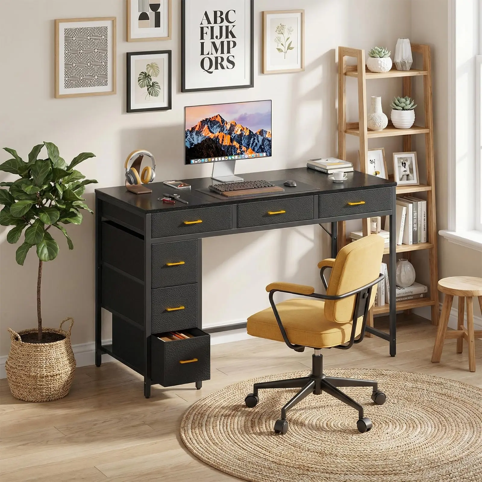 47" Computer Desk with 6 Drawers, Home Office Desk with Large Storage for Home Office,Gaming,Writing Study,Work (Black) Bamboo table summerwins