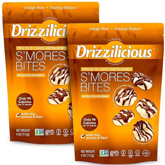 Drizzilicious S'mores Mini Rice Cakes - Gluten-Free, Vegan, Crunchy & Healthy Snack, 90 Calories per Serving, 4 oz (Pack of 2)