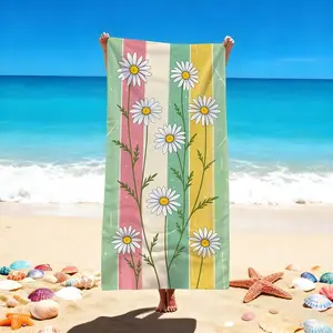 1 Pc Vibrant Beach Towel with Daisy Print – Perfect for Beach and Poolside Relaxation – Multicolor Stripes – Ideal Accessories for Swimming – Soft, Quick Drying and Stylish Design for Summer Days – Reusable Polyester Towel