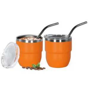 4oz Stackable Cup, Vacuum Insulated Espresso Coffee Cup Set of 2, Espresso Shot Glass, Double Wall Stainless Steel Mini Tumbler Shot Glasses with Straw and Lid