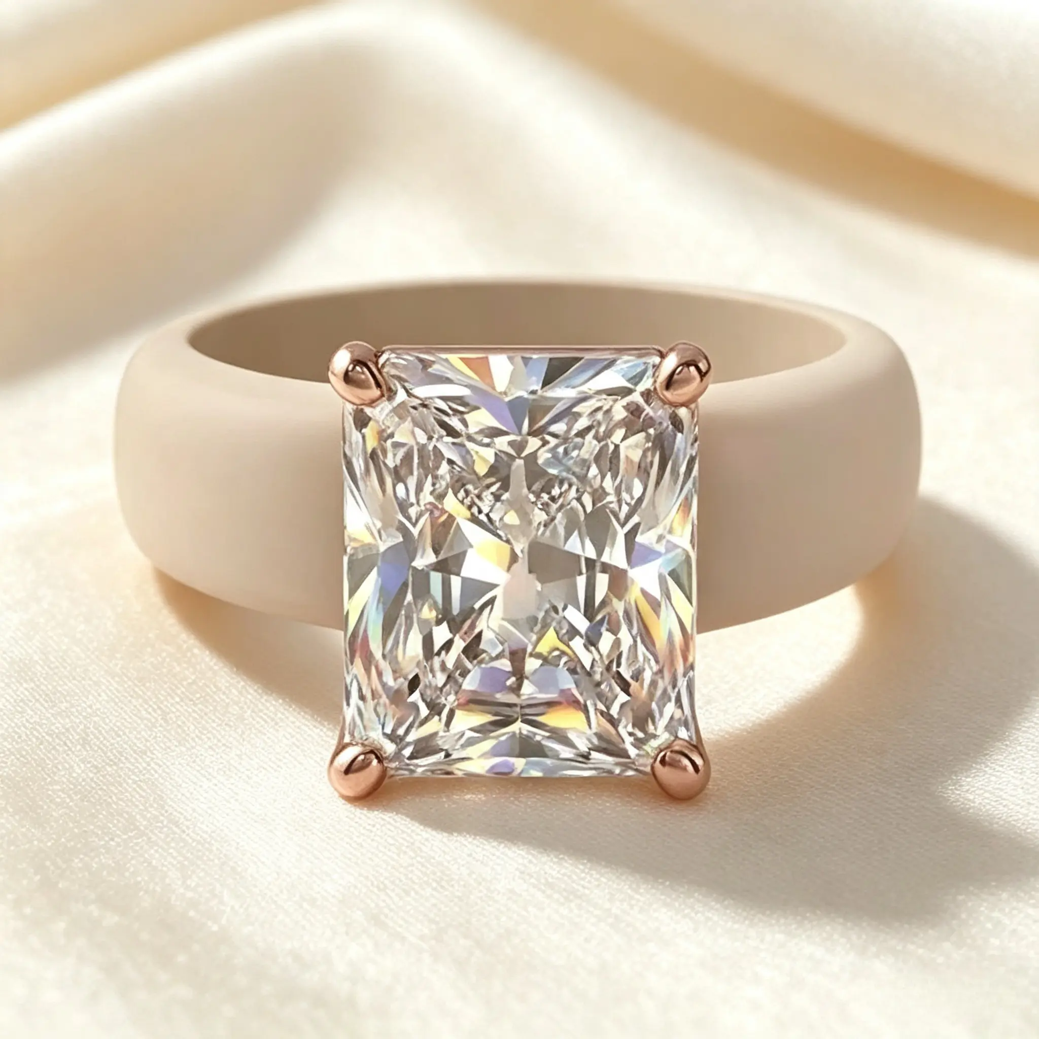 Women Radiant Square Cut Crystal Silicone Engagement Ring, Rose Gold Four Prong Setting Shiny Simulated Diamond Rubber Wedding Promise Band, Comfortable Soft Stackable Ring, Black White Pink Beige Multi Color Options