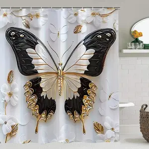1/4pcs 3D Platinum Butterfly Bathroom Decor Set, Bathroom Accessory, Includes Shower Curtain, Toilet Lid Cover, Mat, U-Shaped Pad, Fashion Home Accessories, Bathroom Decoration Accessories