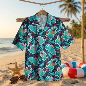 Nostalgic Blue Reptile Aloha Shirt, Retro Animation Beachwear for Men, Funny Blue Water Crocodile Hawaiian Shirt, Kawaii Anime Style Summer Button-Down