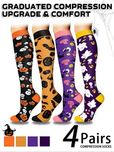 Unisex Compression Socks 4 Pairs, Halloween Design, Promotes Circulation, Comfortable Fit, Ideal for Nurses & Travelers, Nursing