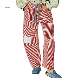 Women Striped Pants, Elastic Waist Drawstring Patchwork Wide Leg Pants Loose Trousers with Pockets