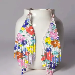 New Handmade Beaded Into the Garden Fringe Earrings with Vibrant Multicolor Beads and Elegant Fringe Design