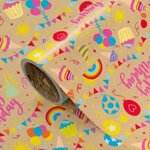 Kraft Paper Birthday Party Gift Wrapping Paper, Multicolor Cupcakes, Balloons, Rainbow Print, DIY Craft Decoration, 43.2cm X 300cm