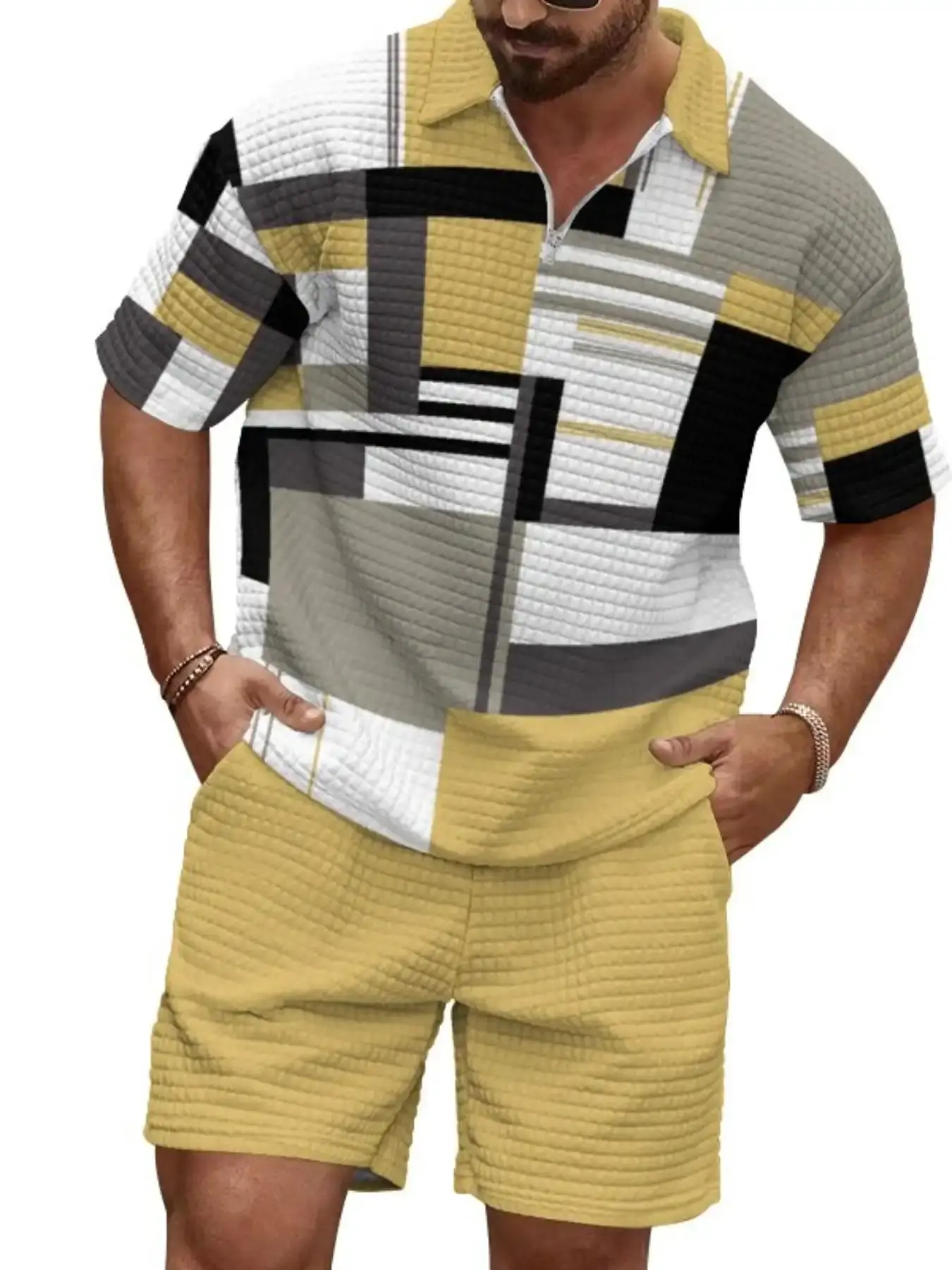 Men's Colorblock Polo Set Half Zip Collared Shirt Matching Shorts Summer Two Piece Casual Fashion Outfit, essential piece, everyday wear, must have item, trendy style, wardrobe staple, wardrobe essential