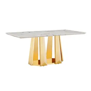 Marble Dining Table for 6 People, 70'' Rectangle Faux Marble Dining Table with Mirrored Finish Stainless Steel Base, Modern Large Size Marble Kitchen Table (Gold,White)