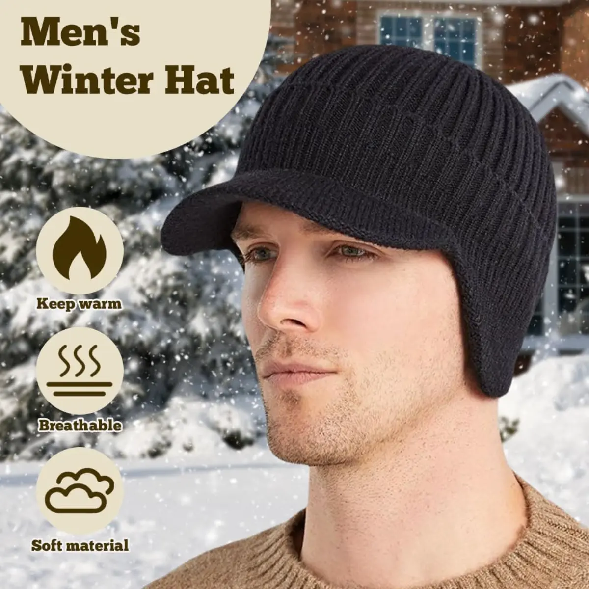 Classic Unisex Winter Knit Hat with Ear Flaps and Brim Elastic Warm Beanie for Daily Commute Ski Walk Dog Outdoor Adventures All Season Cold Protection