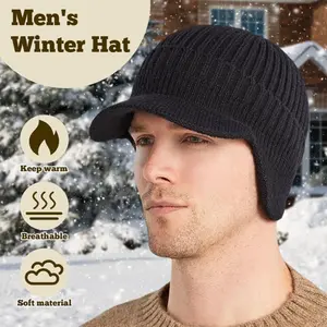 Classic Unisex Winter Knit Hat with Ear Flaps and Brim Elastic Warm Beanie for Daily Commute Ski Walk Dog Outdoor Adventures All Season Cold Protection