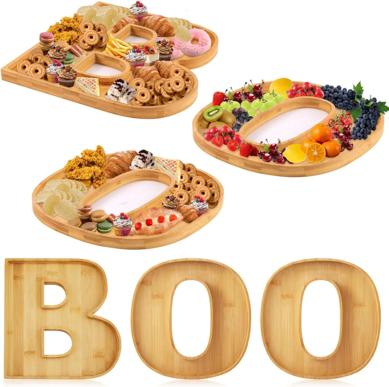 3pcs Halloween Charcuterie Board, BOO Halloween Cheese Board Wooden Serving Platter Snack Trays Dinnerware Cookware for Home Kitchen Candy Cookie