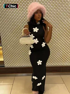 Women's Flower Design Rhinestone Decor Tank Dress, Elegant Chic Mock Neck Fitted Bodycon Maxi Dress, Ladies Summer Clothes