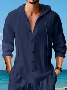 Men's solid color casual shirt, lightweight and breathable long sleeve top, full-button placket design, suitable for summer vacation, daily outings and autumn wear